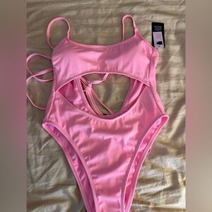 Pink Ribbed Cutout One-Piece Swimsuit